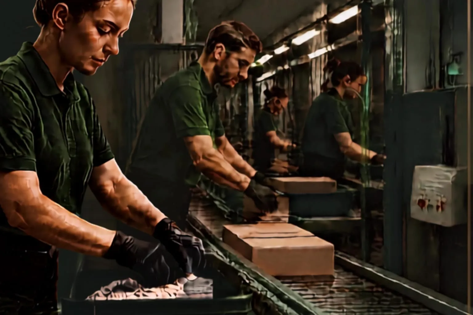 Operators working along a production line