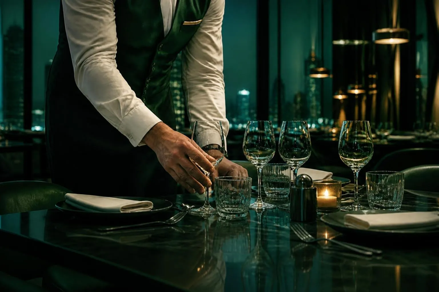 A table laid for service in a restaurant dining room