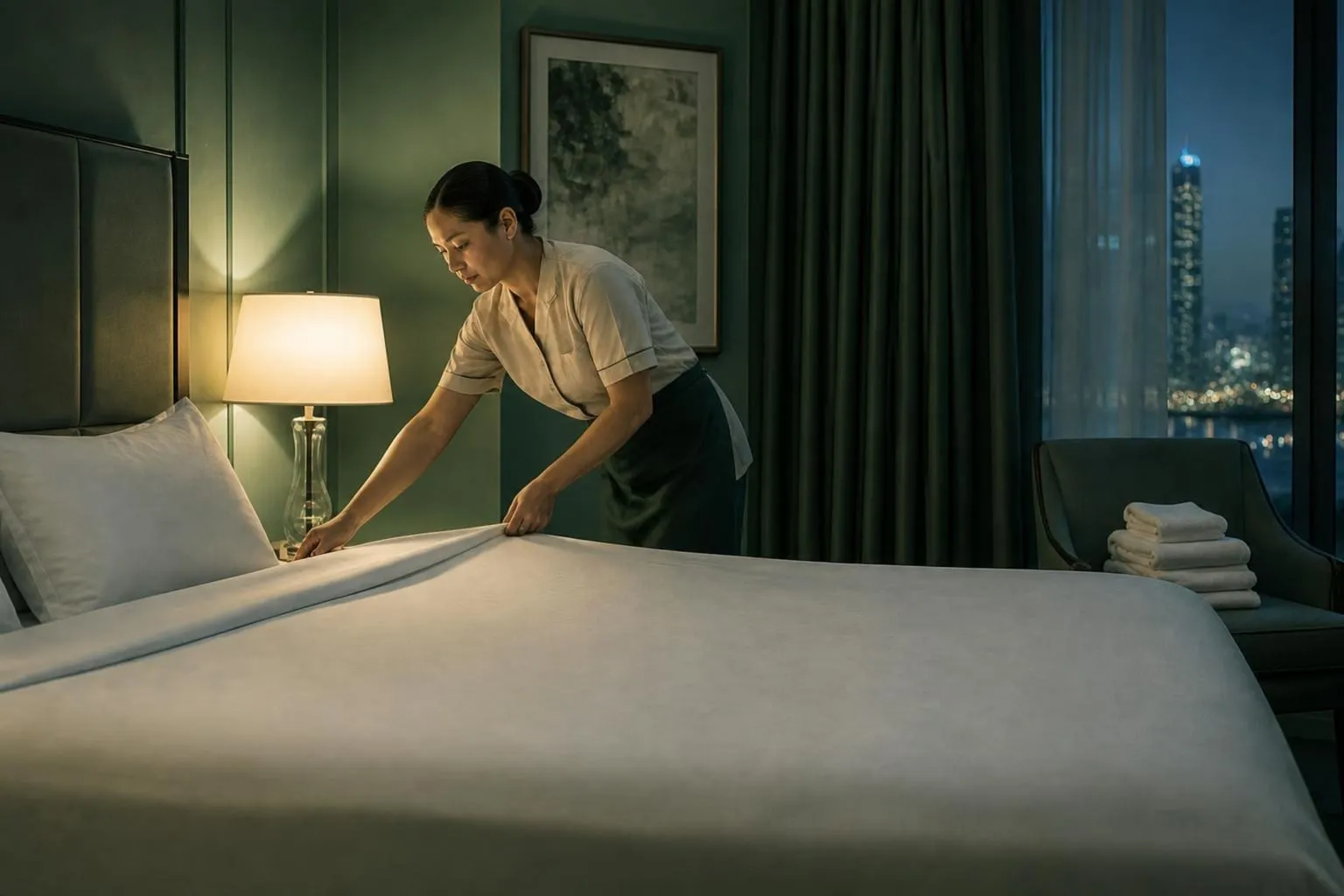 A housekeeping attendant preparing a guest room