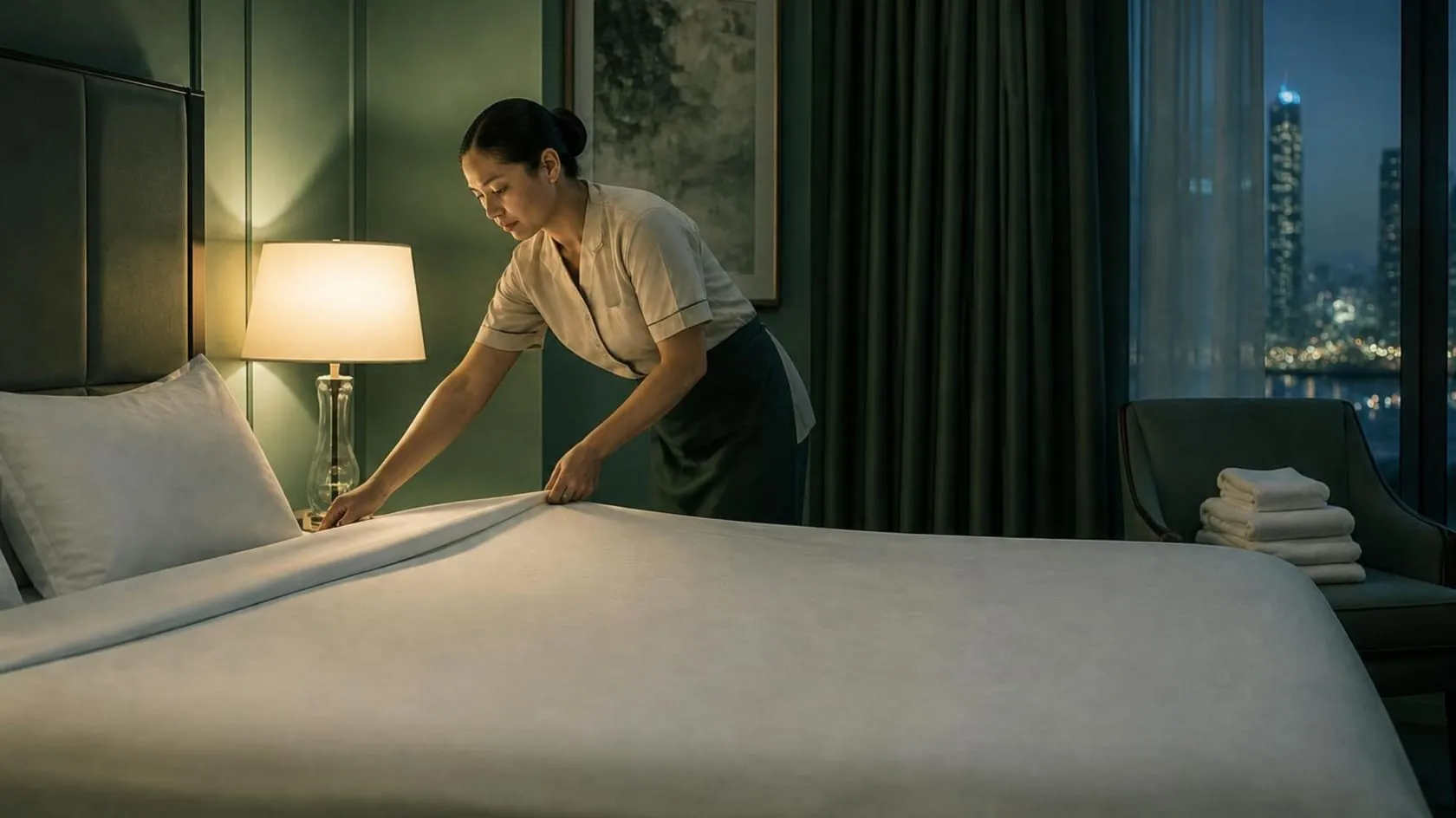A room attendant turning down a bed in a Dubai hotel room at night