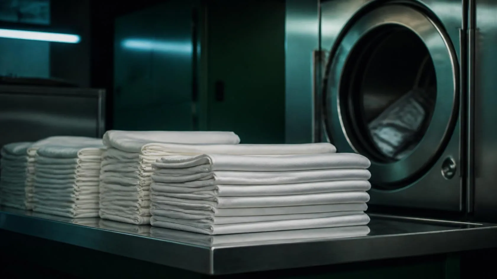 Folded hotel linen stacked beside a commercial washing machine