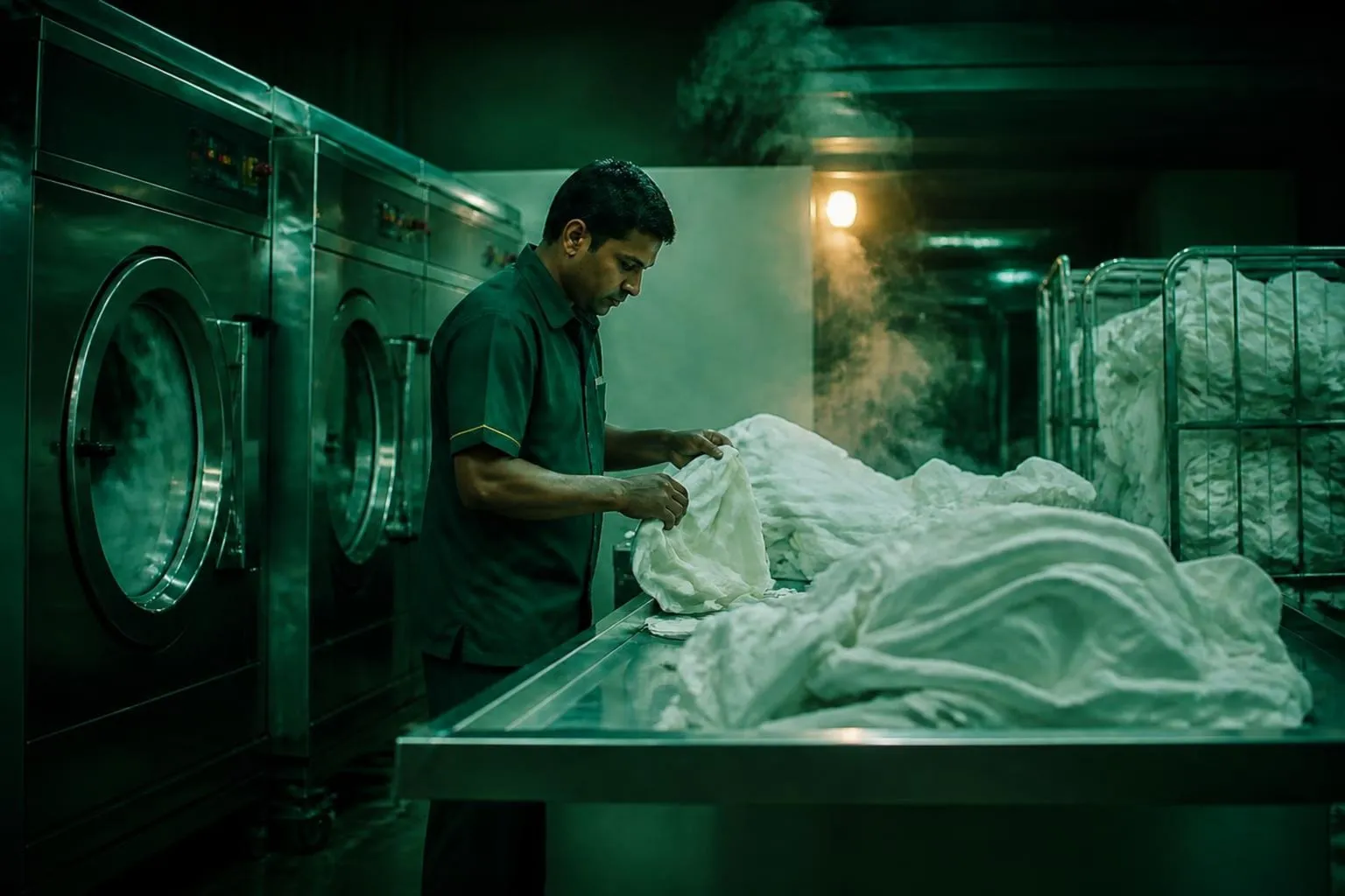A laundry attendant handling clean linen in a commercial plant