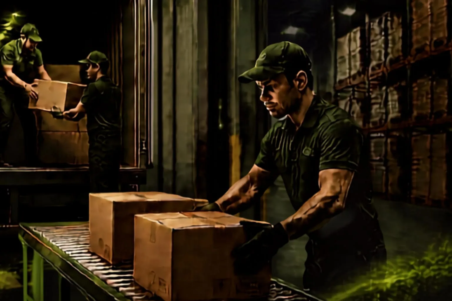 A crew unloading cartons from a container at night