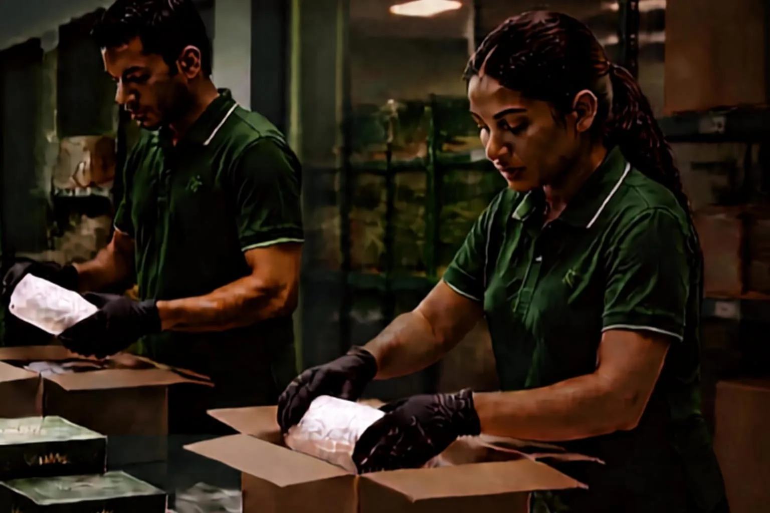 Workers packing and sealing cartons on a production line