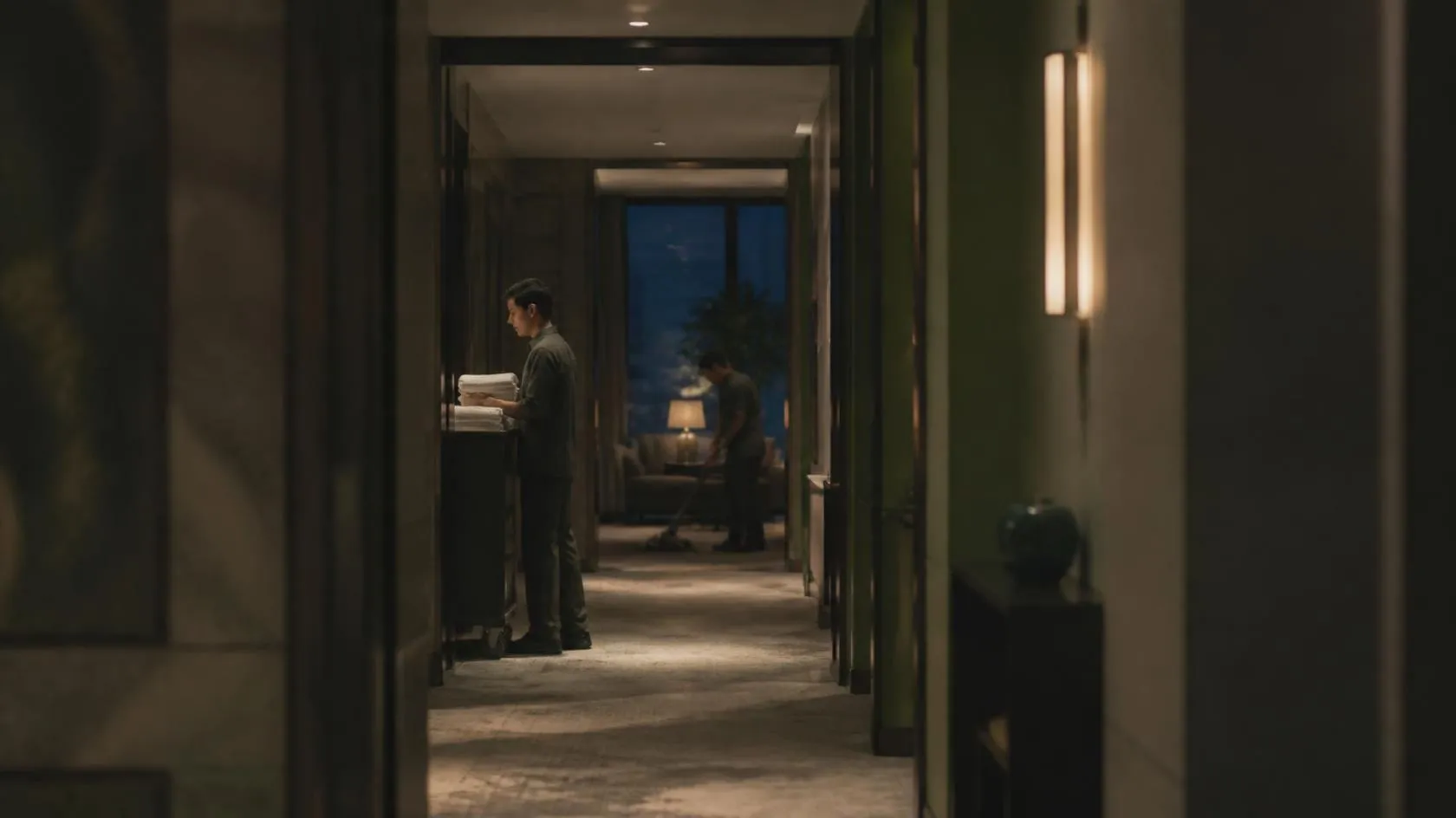 A Gorkha Group attendant at a linen station in a quiet hotel corridor at night