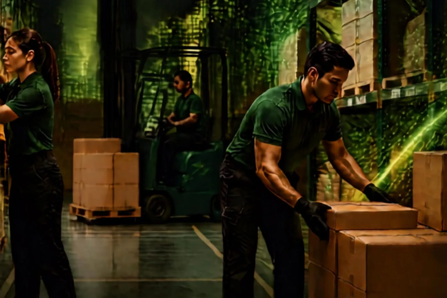 A warehouse operative moving stock along an aisle