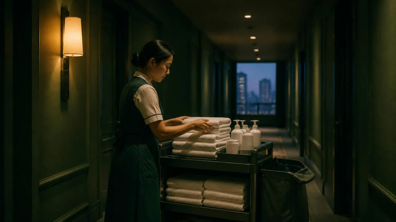 A housekeeping attendant restocking a linen trolley in a hotel corridor