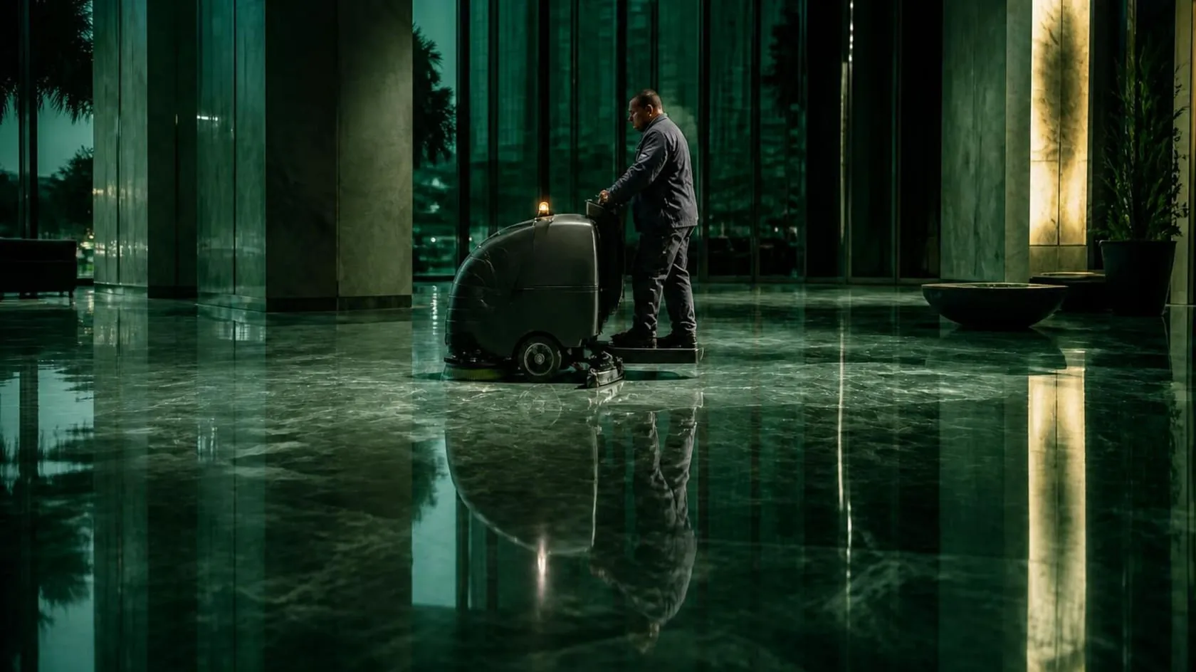 A Gorkha Group operative machine-scrubbing a lobby floor